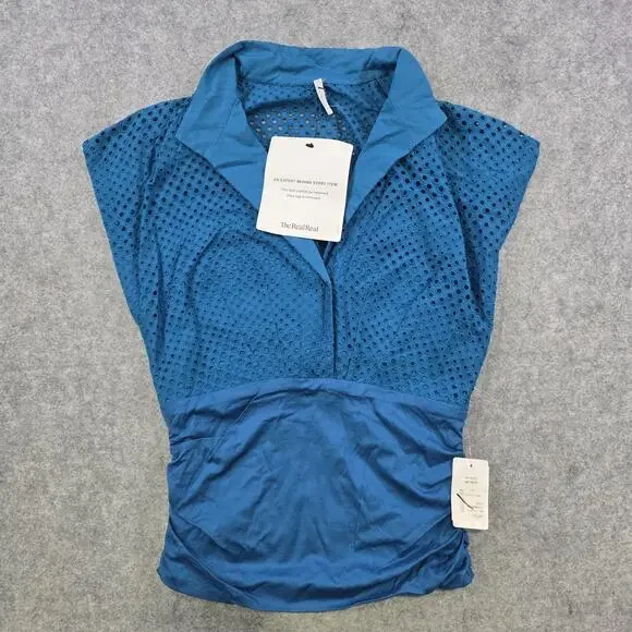 Akris Punto Blouse Womens 12 Blue Eyelet‎ Collared Sleeveless Stretch Sheer NWT